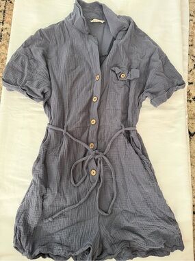 Crinkled Button-Front Romper in Slate Blue